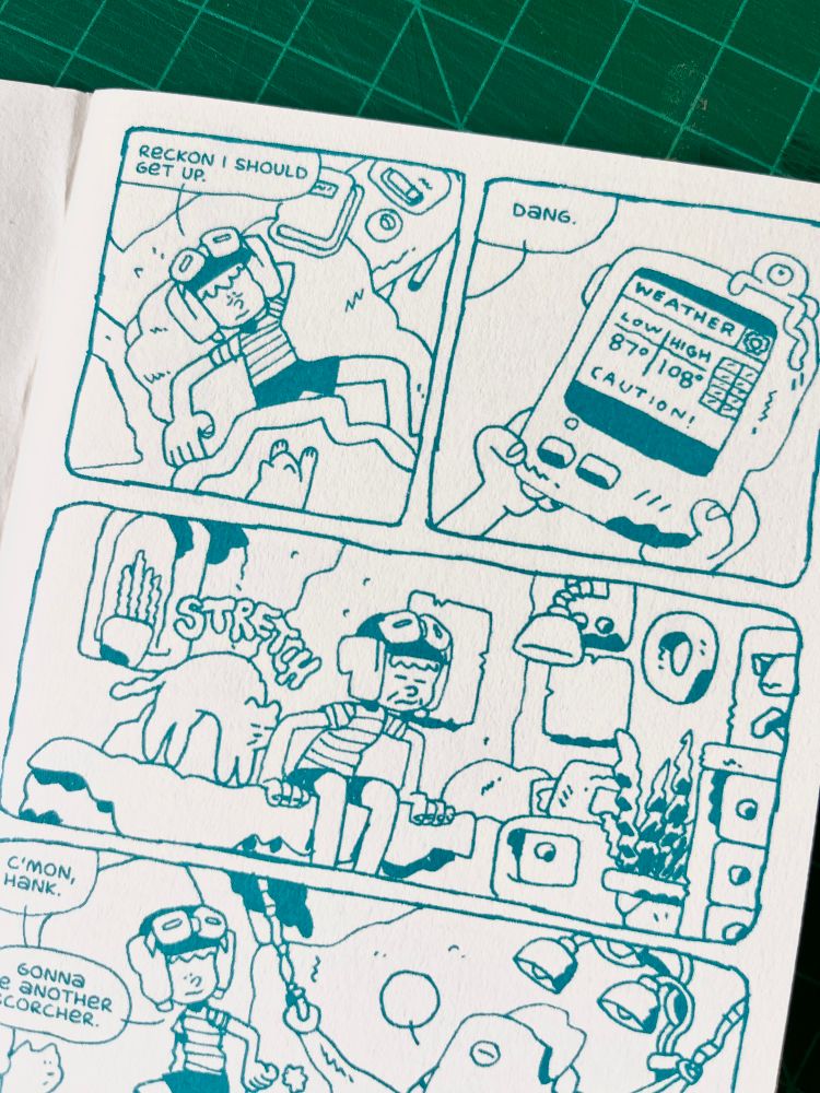 Comic page depicting a kid waking up and checking the weather on a tablet device 