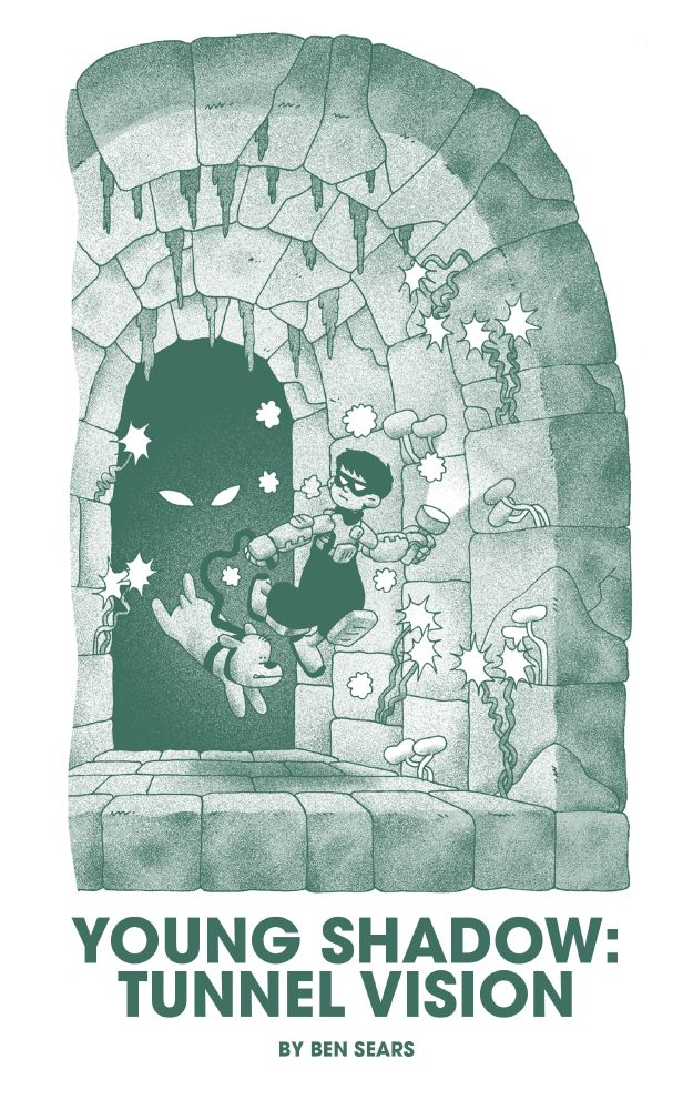 comic cover for Young Shadow: Tunnel Vision. The illustration depicts a masked kid and his dog, floating down a mysterious stone tunnel. Some sinister looking eyes are in the darkness behind them. 