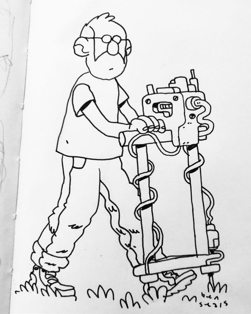 Drawing of John Gater from Time Team running a geophysics machine 