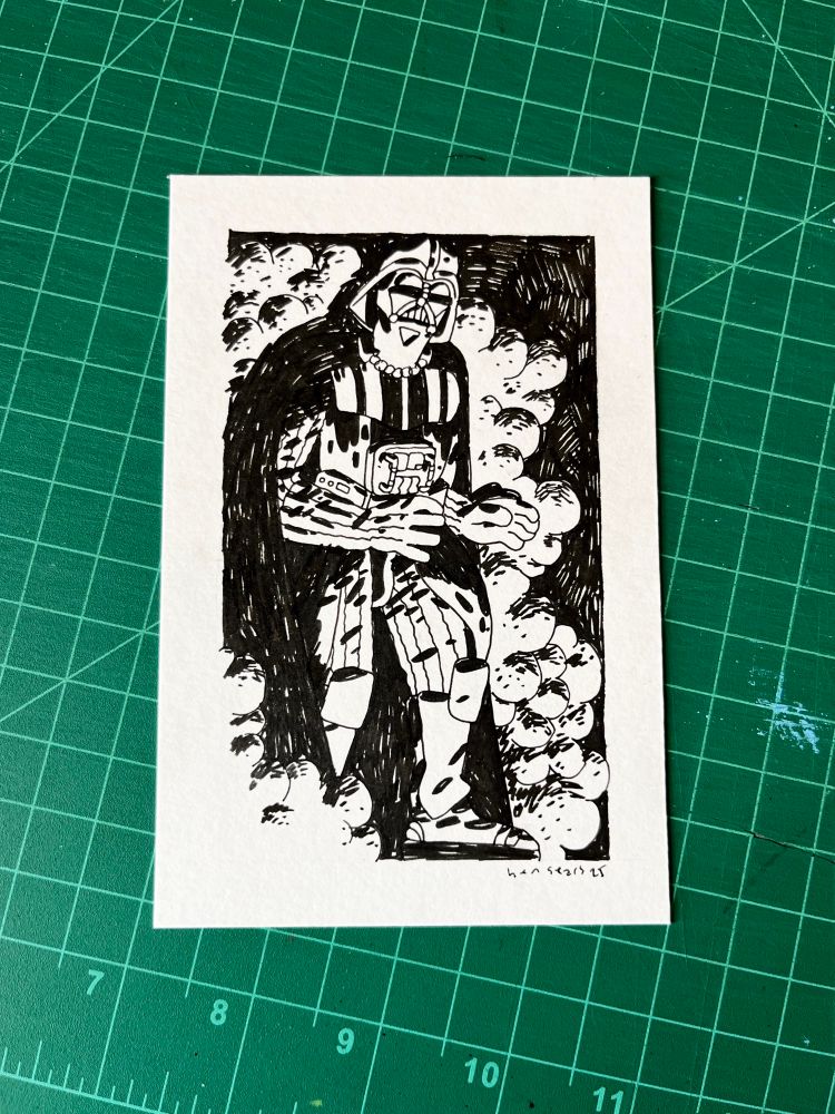 A black and white drawing of darth Vader coming out of the fog, lit from underneath 