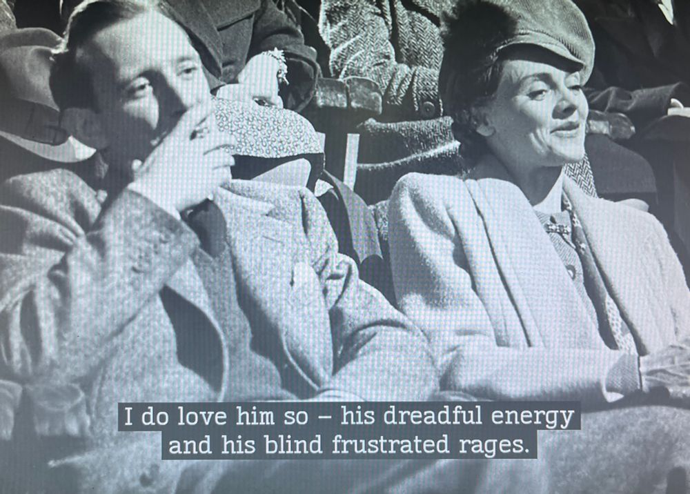 Scene from Brief Encounter in which the main characters are watching a Donald Duck cartoon in a movie theater. Subtitle: I do love him so - his dreadful energy and his blond frustrated rages 