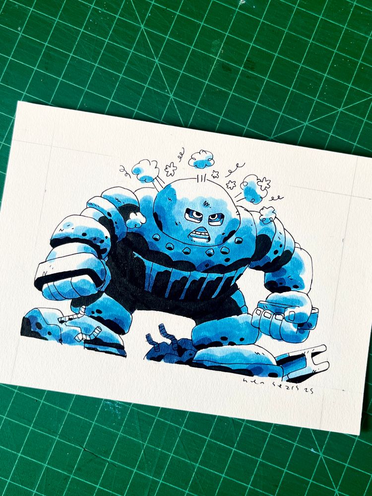 Ink and marker drawing of the X-men character juggernaut. He’s surrounded by pieces of rubble and looking angry. 