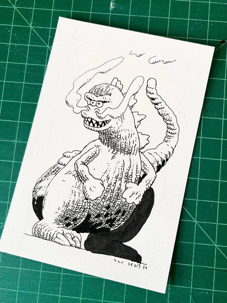 black and white drawing of godzilla with smoke coming out of its nostrils 