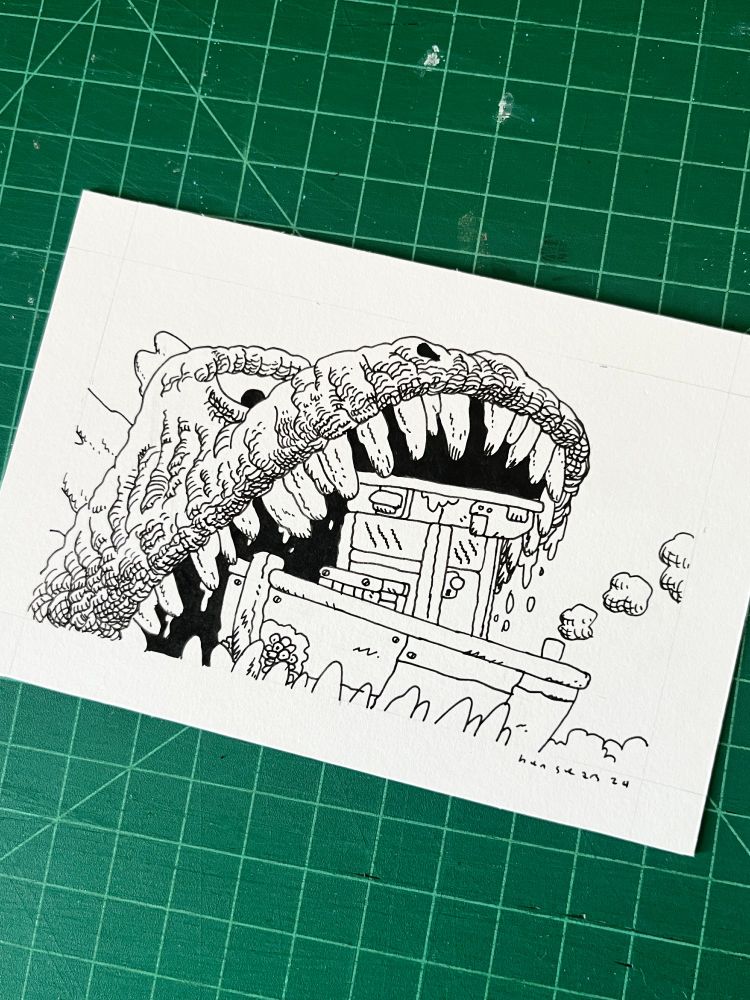 black and white drawing of godzilla about to eat a small boat