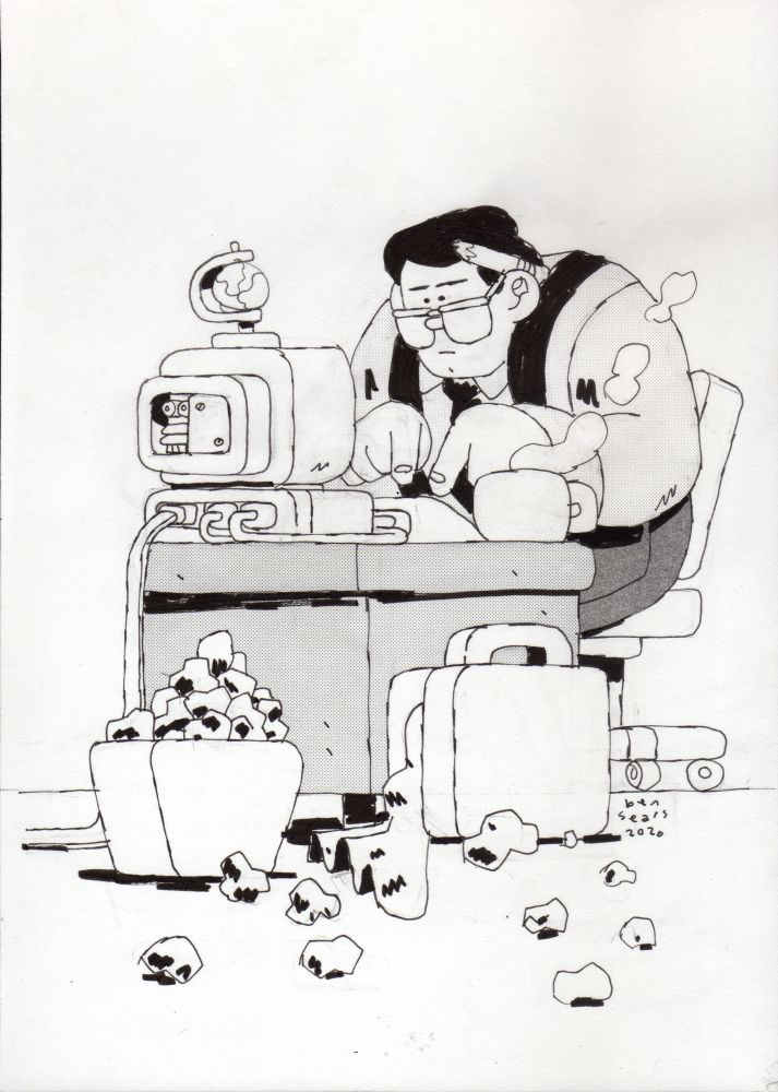 Drawing of Clark Kent typing on a computer. There’s a suspicious piece of fabric hanging out of his briefcase by his desk. 