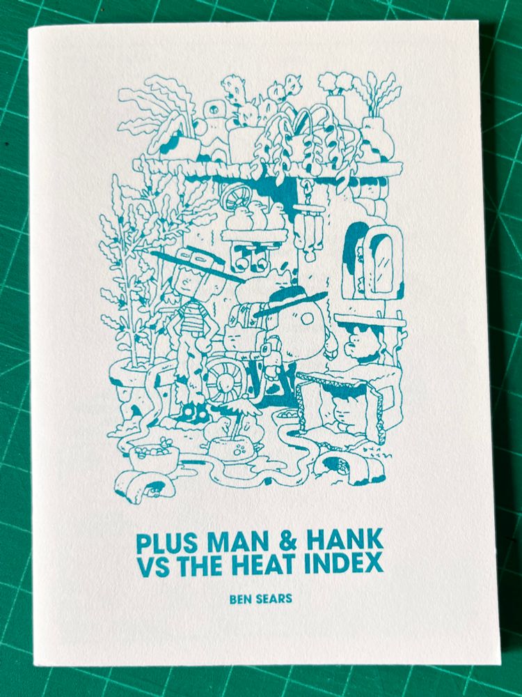 Comic cover for Plus Man & Hank vs the Heat Index. A kid and his robot are in front of a garden shed, getting shade and water set up for some stray dogs and cats. 
