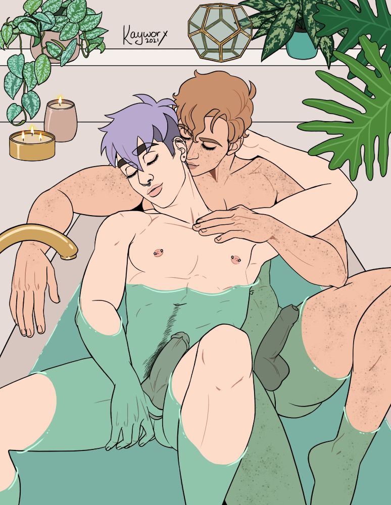 Digital art of two men in a bath