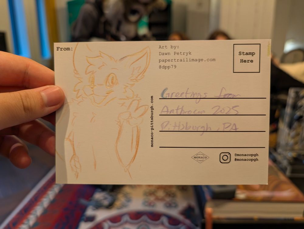 Postcard with a drawing of a faggot with the text " greetings from anthrocon 2025 Pittsburgh, PA"