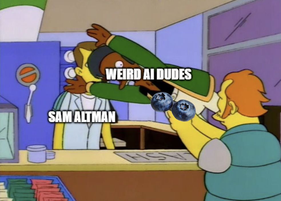 A cartoon image of a person holding 2 blue berries pointing them at a cashier in a convenience store. The cashier has the name "SAM ALTMAN" on top of him. Another store employee is jumping between the blueberry holder, and the cashier and has the words "WEIRD AI DUDES" on him.
