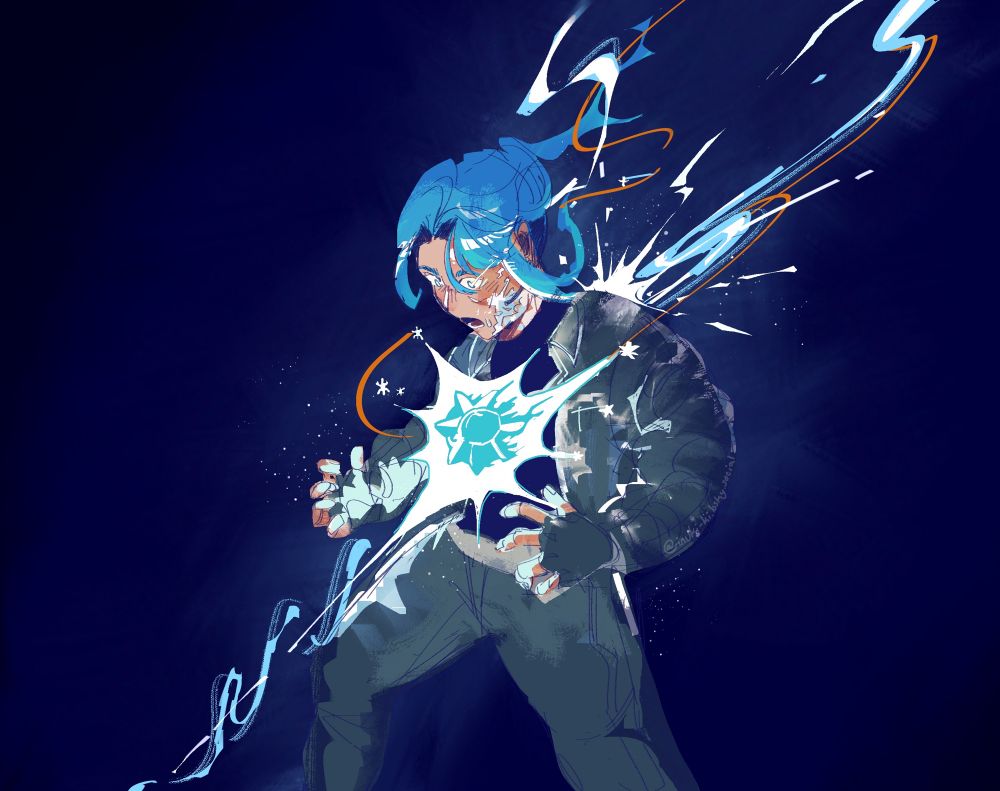 A rough drawing showing Hoshimachi Suisei getting hit by a small meteor fragment. She is caught off guard while part of her face and clothes are starting to freeze over.