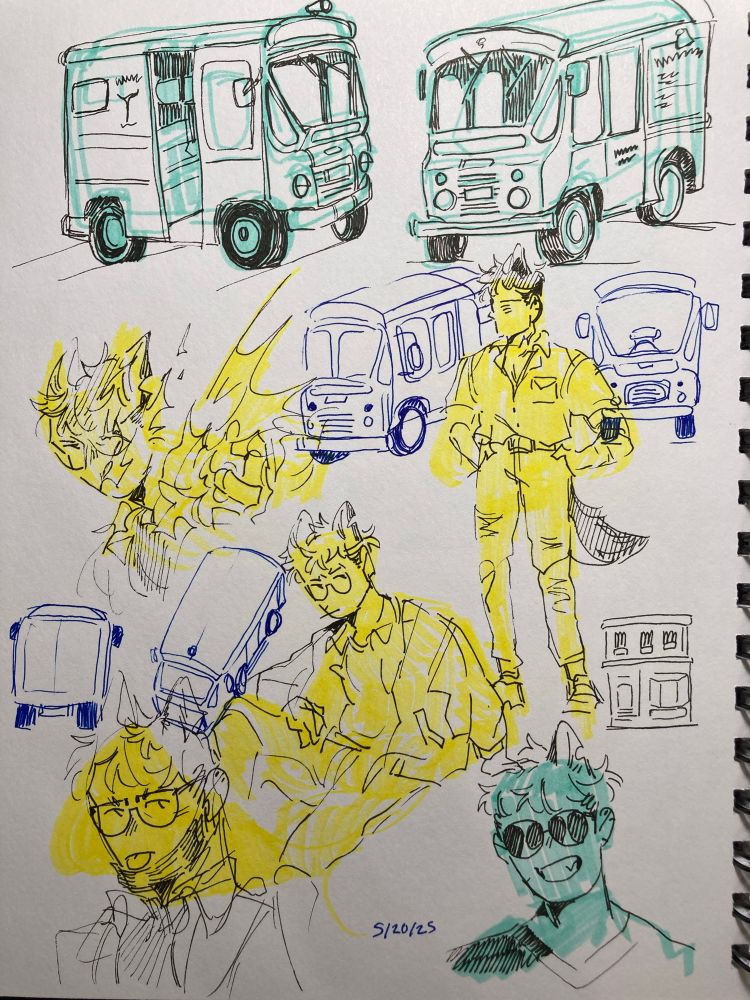 Doodles of my sona along with some impromptu studies of vehicles.