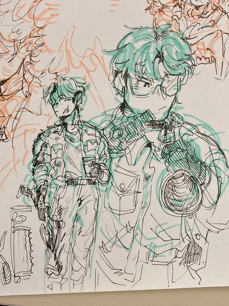A couple of drawings featuring my OC Sejun. Left is him bloodied with an axe on one hand and a cup with the other. Meanwhile on the right shows him doing some form of chemistry.
