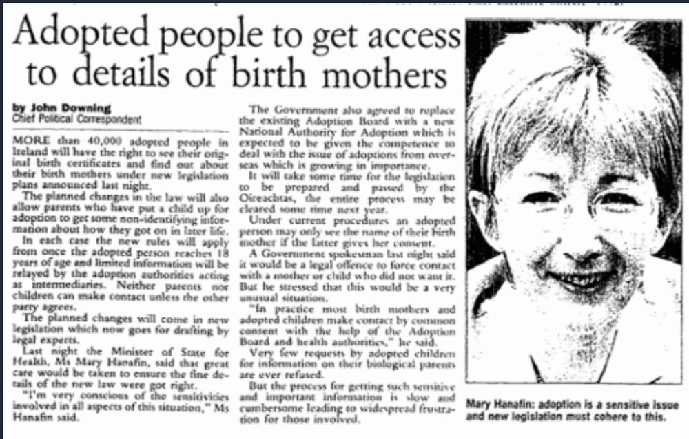 2001 article featuring a photo of Mary Hanafin. The headline reads: Adopted people to get access to details of birth mothers