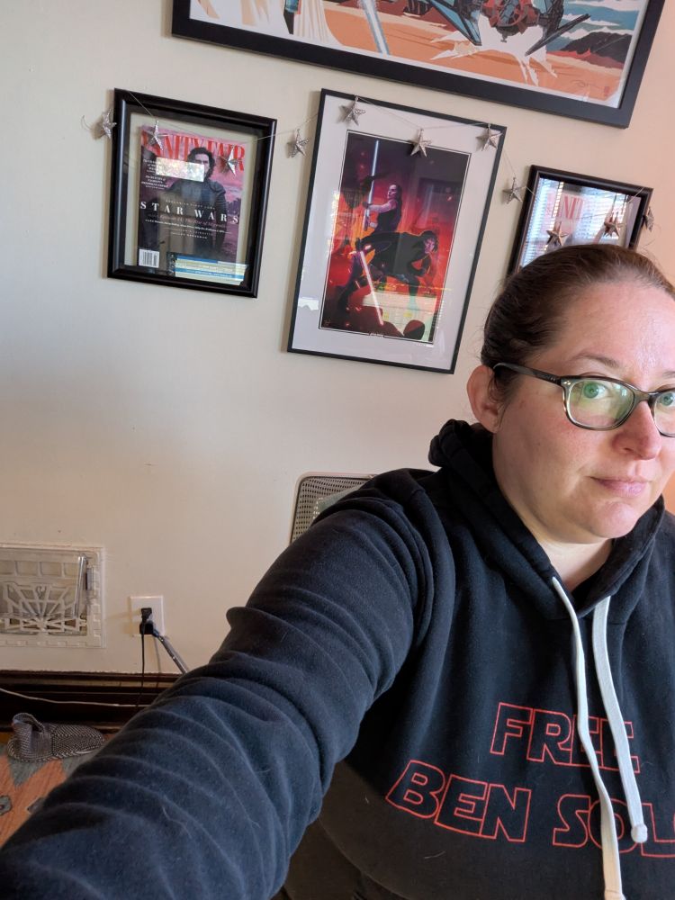 Me, in front of my wall of Star Wars, wearing my (bit too small now) Free Ben Solo hoodie.