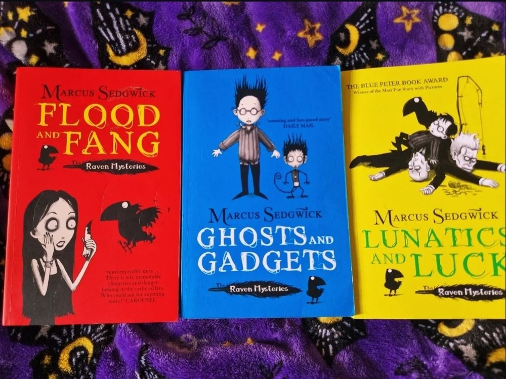 The first 3 books in the "Raven Mysteries" series by Marcus Sedgwick, "Flood and Fang", "Ghosts and Gadgets", and "Lunatics and Luck"