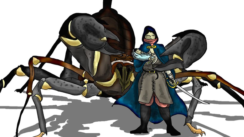 A woman carrying a baby, wielding a sword, with a huge whip scorpion standing protectively behind her.