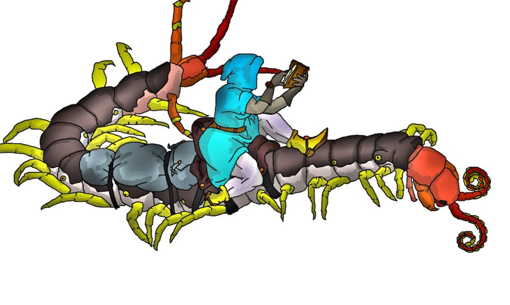 A woman in a hooded coat reading a book, riding a centipede, with baggage strapped to it.