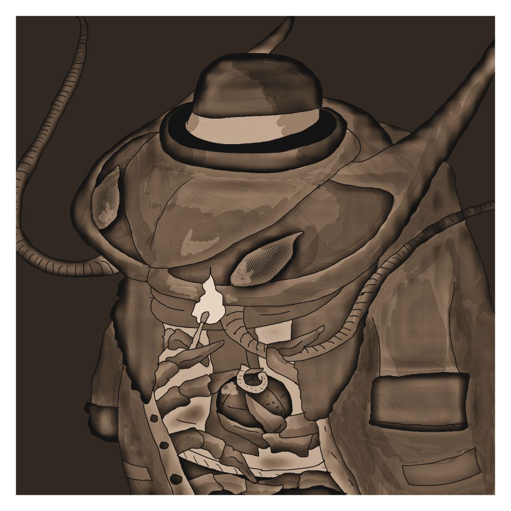 sepia image of a trilobite in a fur trimmed coat and homburg hat holding a match close to the fuse of a spherical bomb.