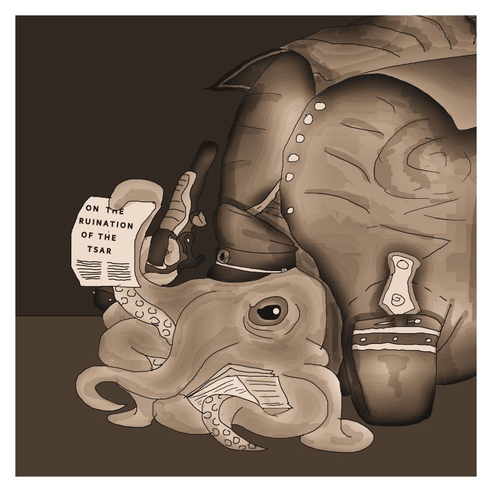 sepia image of an ammonite-style cephalopod wearing a military uniform over its shell, holding a pistol and a pamphlet reading 