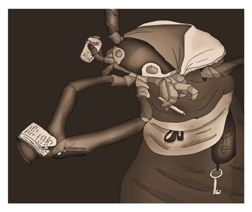sepia image of a sea scorpion in a scarf, shawl and dress holding a hip flask, a cigarette and writing down something in a notebook.