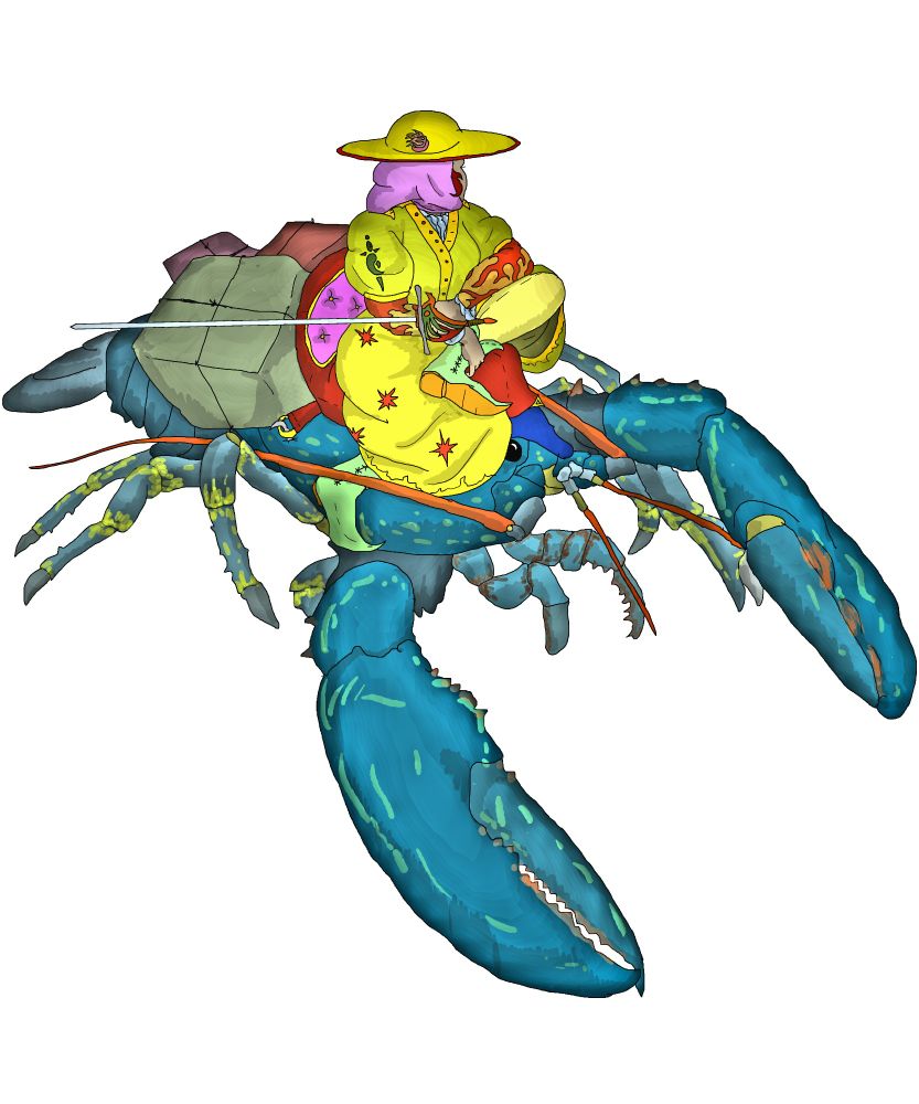 A woman in a long dress carrying a rapier, wearing a broad hat, riding a lobster.