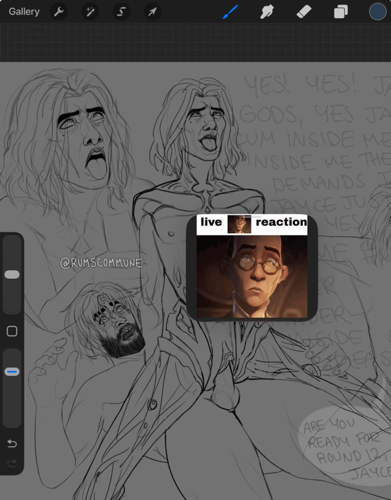 Drawings of Viktor sticking his tongue out with Jayce’s dick in hand, Viktor bouncing on Jayce’s dick with his tongue out and eyes rolled back as Jayce looks shocked and aroused underneath him. Jayce has long hair and a beard and fingerprint markings on his forehead. Viktor has a tdick. The text in the background is cut off but most of it says “yes! Yes! Gods, yes cum inside me inside me the- demands it Jayce just yes me inside  please” 

On the bottom a speech bubble from a third Viktor drawing which is mostly cut off says “are you ready 
for round 12, Jayce?”

A box with a picture of Huck with a meme of “Huck live reaction” covers viktor in the middle drawing