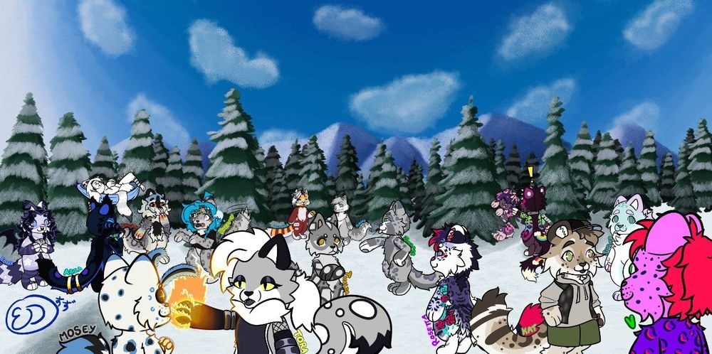 A wide image of digital art depicting several feline characters in front of a snowy forest