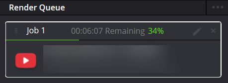 Davinci resolve render queue. 34% done with rendering, 6 min remaining