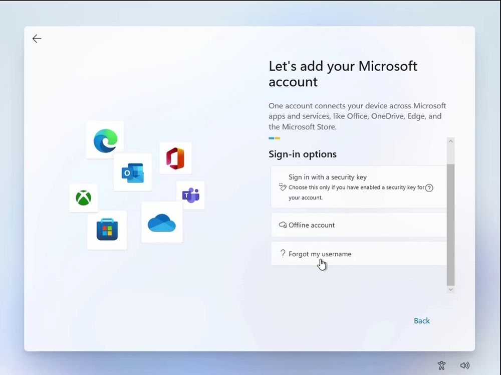 A screenshot of the OOBE in the same Windows 11 Pro RTM from my old video, with an Offline account option there