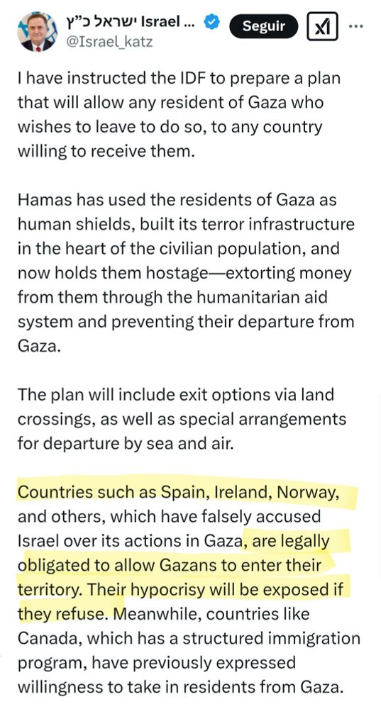 Comunicado del ministro de exteriores israelí reclamando a España, Irlanda y Noruega la obligación legal de permitir la entrada a los gazatíes a sus territorios.
