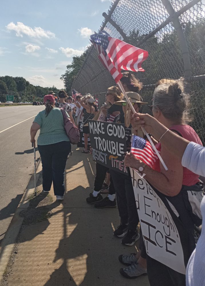 Good Trouble Lives On protest on an overpass. Signs and flags are seen, perhaps 100 people.