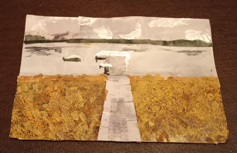 A semi-abstract paper collage of the lake view with some acrylic on top