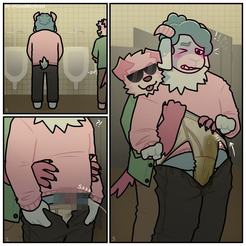 Comic with Pink dog man(Scott) and blue goat person(Werb) in the bathroom using urinals.  In the second panel Scott comes behind Werb, reaching his arms over his stomach while Werb pees into the urinal. In the third panel Scott grabs the front of Werbs underwear and pulls it up, forcing Werb to pee all over himself.  Werb blushes and doesn't attempt to fight back.