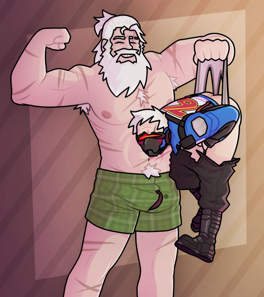Reinhardt and Soldier76 (characters from the game Overwatch2) are seen together. Reinhardt has almost no clothes on, only with loose fitted green boxers. Rein his holding Soldier76 in the air by their underwear, giving them a huge wedgie.