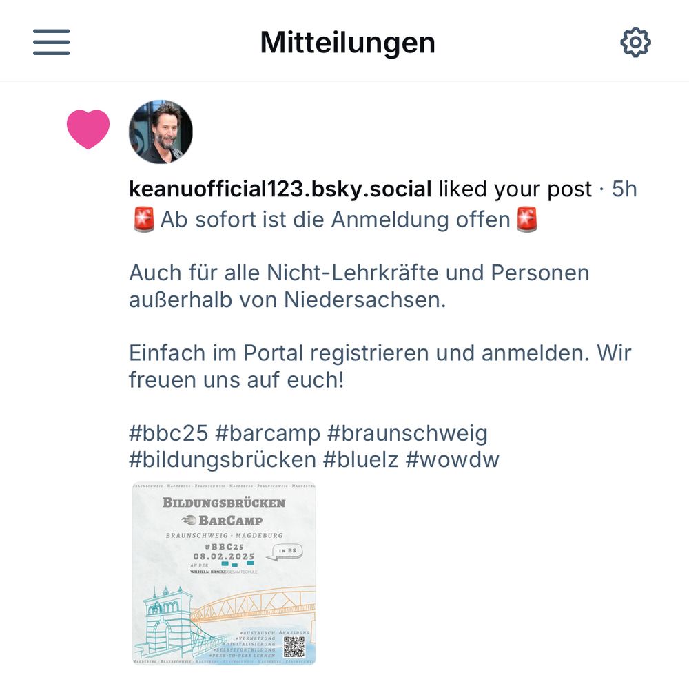 Ein gefaktes Keanu Reeves Profil liked einen Beitrag zum BildungsbrückenBarCamp.