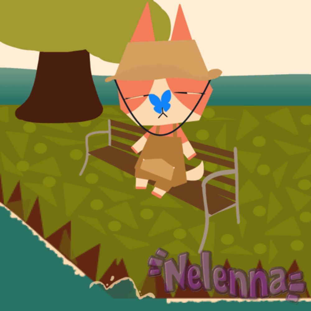 a cartoon of a cat sitting on a bench with the name nelenna written below it