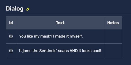 a screenshot of the Dialog section

"You like my mask? I made it myself."
"It jams the Sentinels' scans AND it looks cool!"