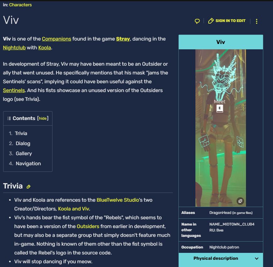 a screenshot of the Viv's page from the stray wiki