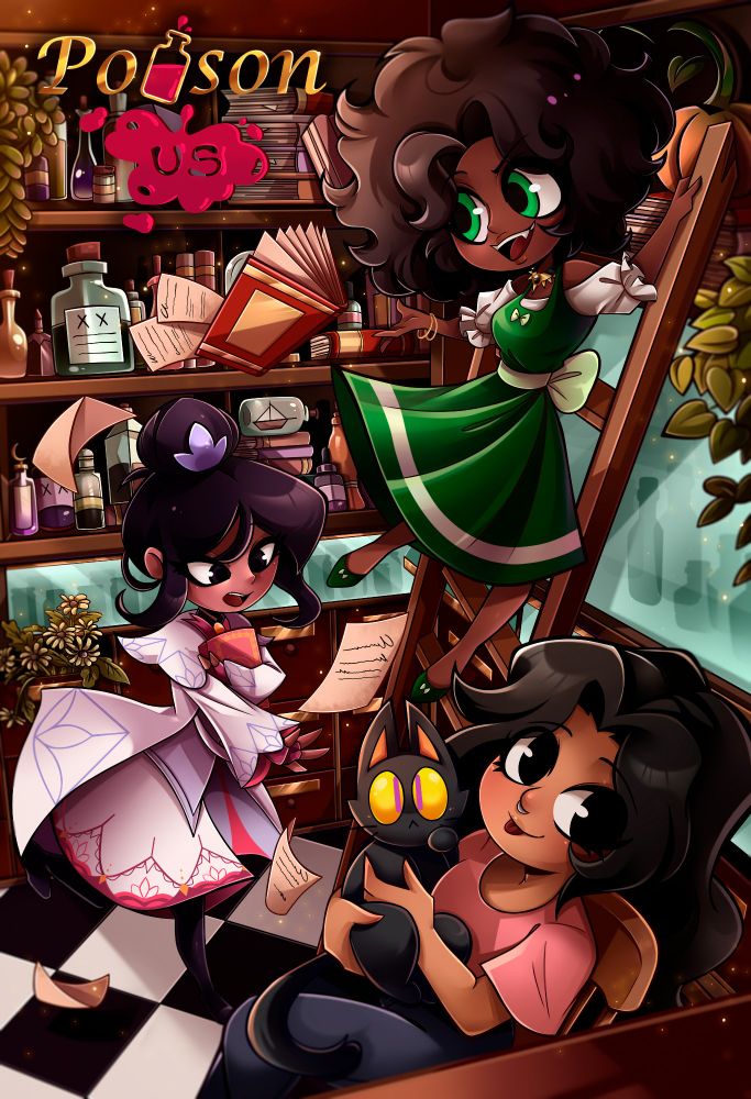 Three women are behind the desk of the apothecary. One is on a ladder tossing a book down. Another is running after pages that have scattered. A third has a black cat on her lap