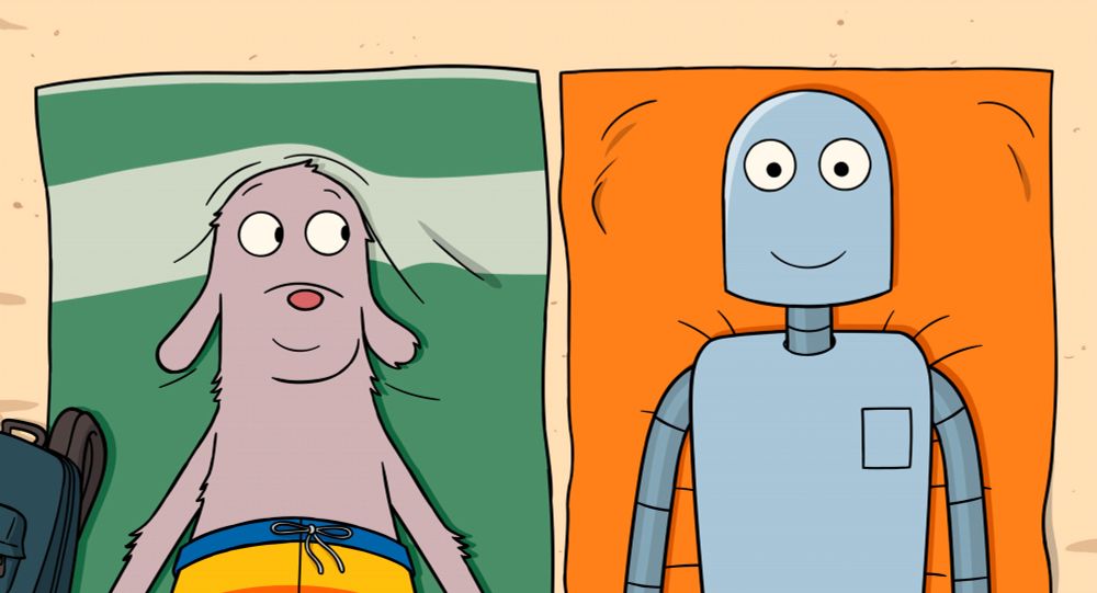Frame from "Robot Dreams", a 2D animated movie. A gray dog and a robot lay on top of beach towels, enjoying each other's company.