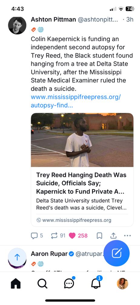Screenshot of blue sky post with link to article with headline “Trey Reed hanging death was suicide official say caper neck to fund private autopsy.” Trey Reed was found hanging from a tree on campus in Mississippi with visible signs of violence on his body. 