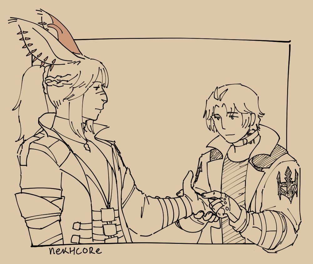 digital illustration of thancred and a viera wol with a ponytail and metallic adornments on her ears. the viera stands to the left with her arm outstretched towards thancred. thancred holds her hand and traces something with his finger on her palm.