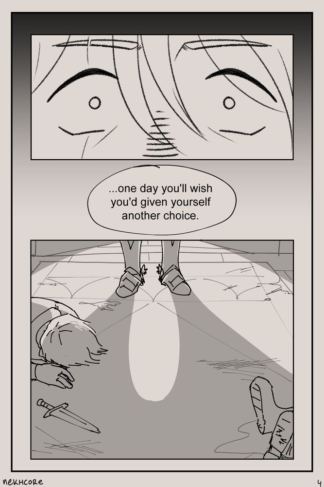 the black border fades away, returning us to the present. the top panel is a close up of a now-adult misha's eyes, staring at the viewer in shock. his mother's final words read, "...one day you'll wish you'd given yourself another choice."

the final panel shows misha's feet, wearing his drachen mail, as he stands in the doorway to the waking sands. there are bodies on the floor, and signs of a struggle. 