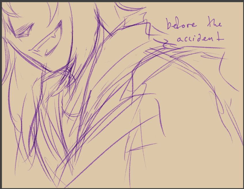 misha smiling at the viewer in his lancer gear. the top half of his face is not visible.
lyrics: before the accident