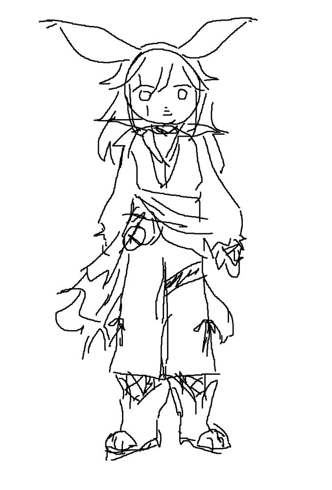 crudely drawn ms paint drawing of my viera wol drawn from memory. wearing an elaborate poet shirt with a long train, flared 3/4 pants, and open toed boots