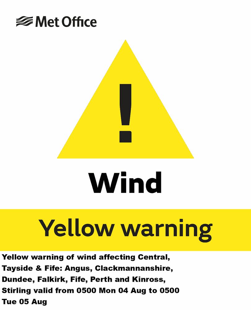 Yellow warning of wind affecting Central, Tayside & Fife: Angus, Clackmannanshire, Dundee, Falkirk, Fife, Perth and Kinross, Stirling valid from 0500 Mon 04 Aug to 0500 Tue 05 Aug