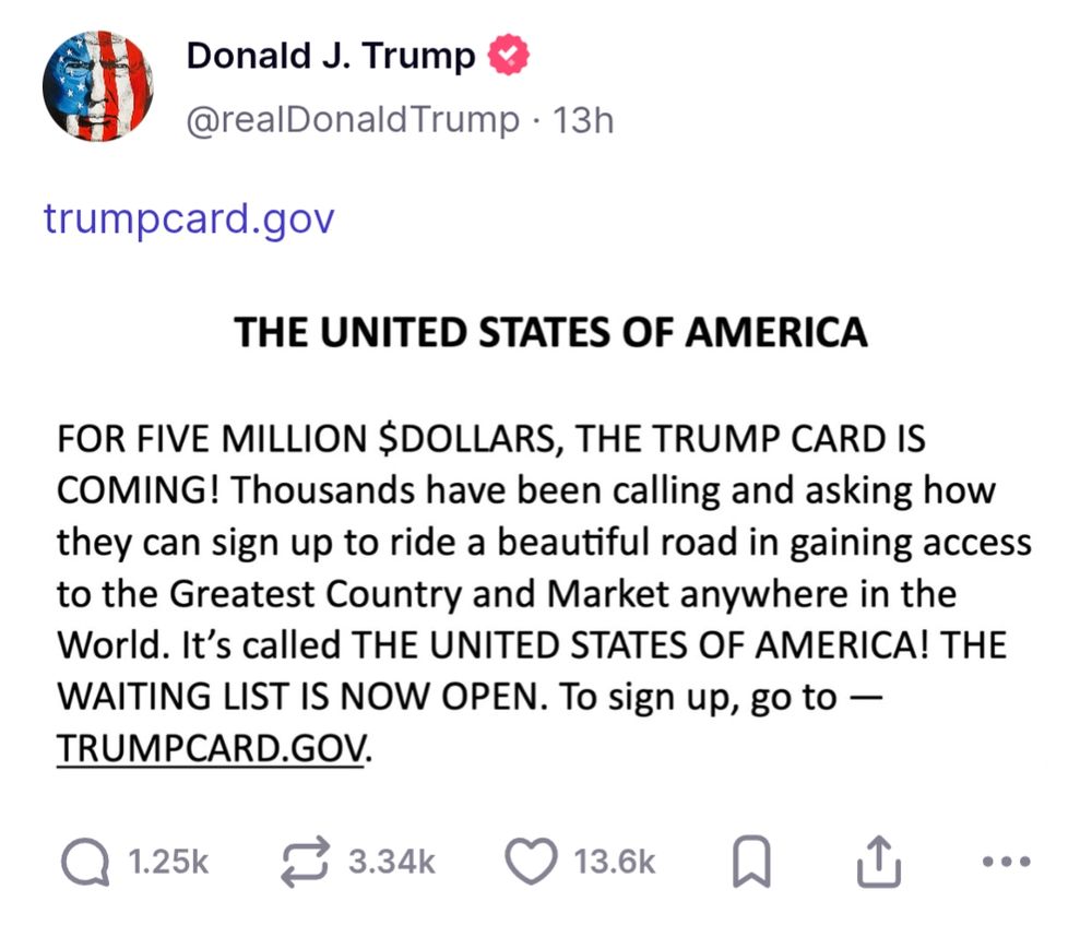 Screen capture of Trump announcing the Trump Card. The program to buy a green card for $5 million at Trumpcard.gov