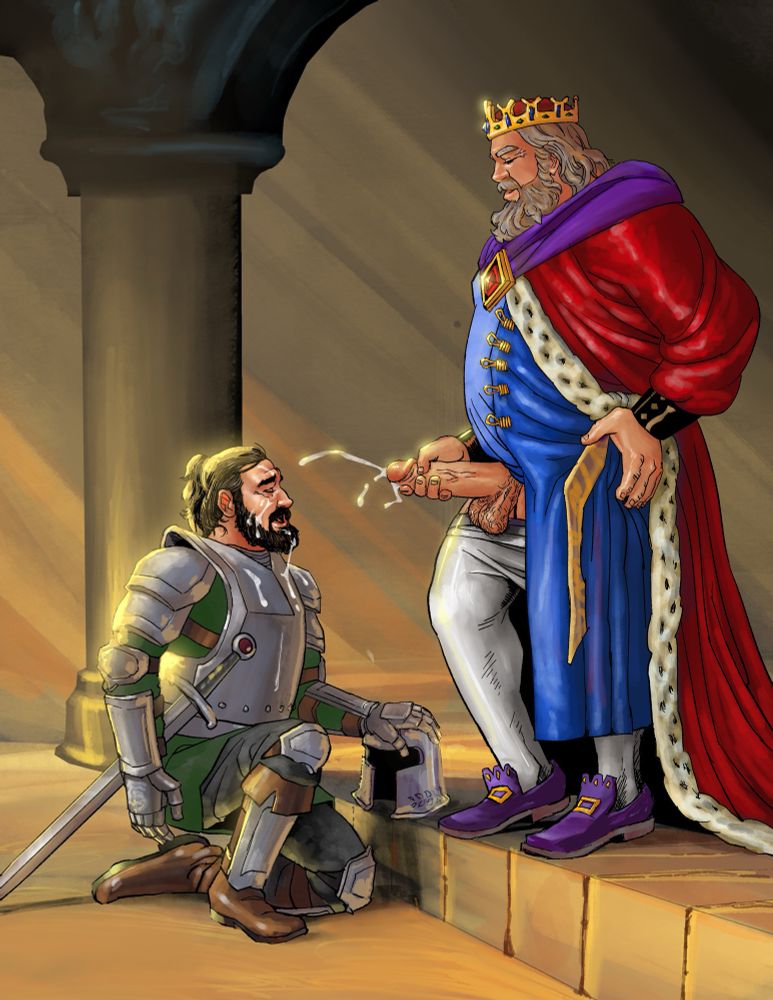 Picture of a bearded king wearing royal robes & crown, standing on a small dais, cumming onto the face of a bearded kneeling knight.