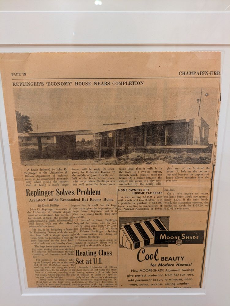 Photograph of a newspaper article from the Champaign News-Gazette showing the Economy House designed by architect John Replinger in 1953