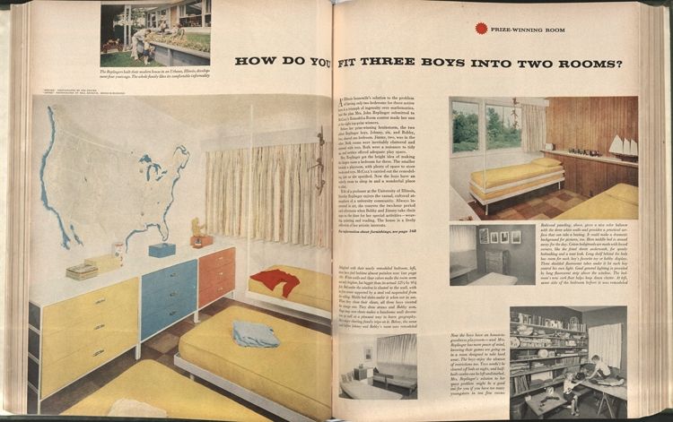 Page spread from McCall's Magazine for an article titled "How do you fit three boys into one room"